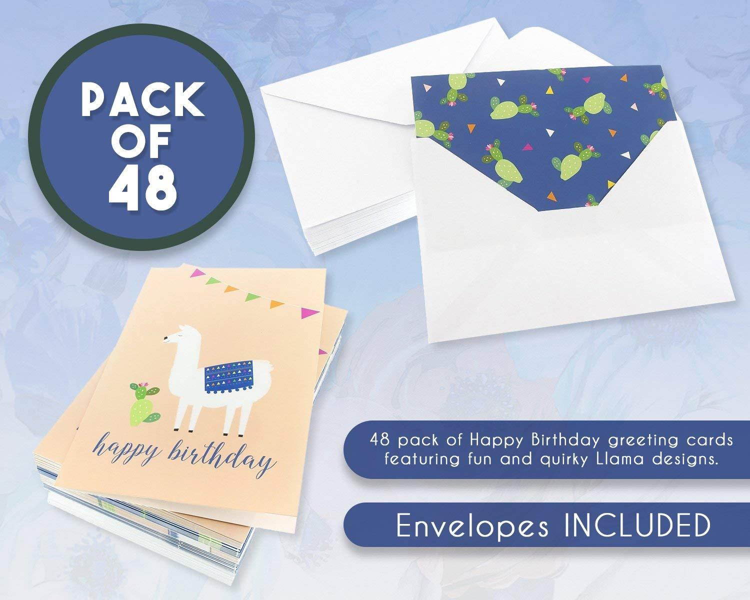 Birthday Card - 48-Pack Birthday Cards Box Set, 6 Cute Llama and Cacti Happy Birthday Cards Bulk, Envelopes Included, 4 x 6 Inches