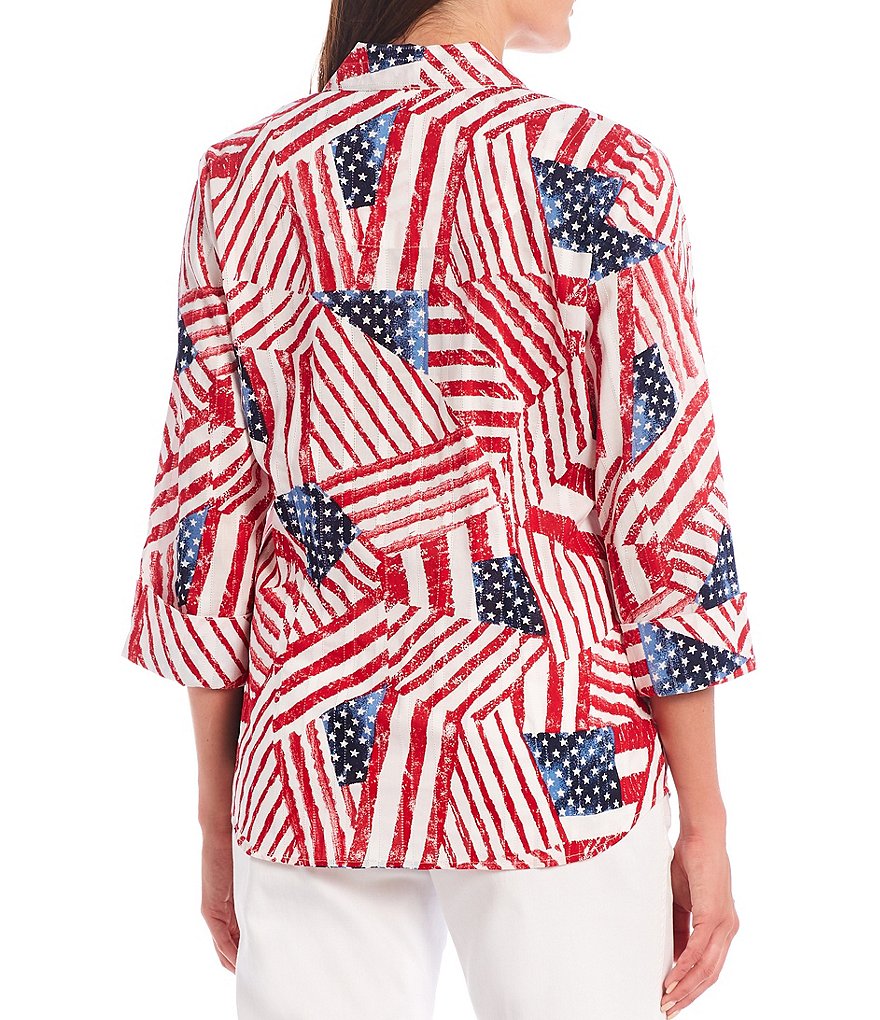 Allison Daley Stars & Stripes Patchwork Print 3/4 Sleeve Button Front Top