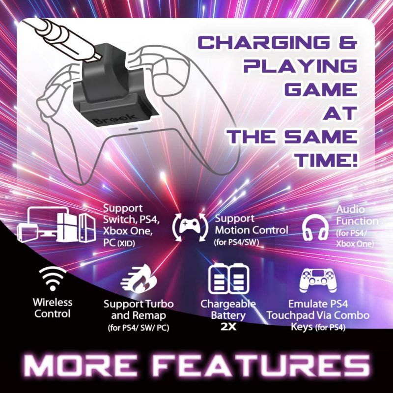 Brook Xbox One Adapter, X One Wireless Rechargeable 2X Battery Extra XL Converter for Xbox One Controller Support Switch PS4 PC iOS Motion Control Turbo Remap Black