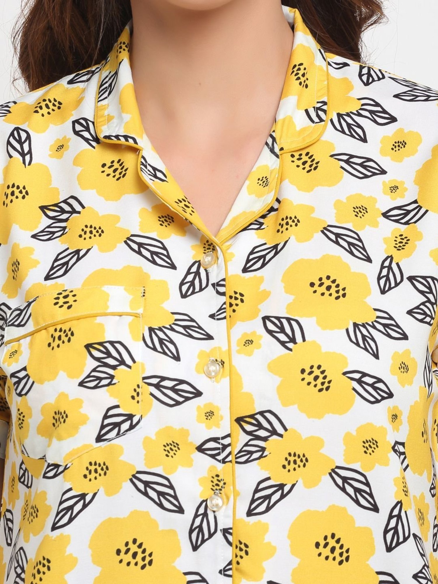 Erotissch White & Yellow Floral Print Shirt Pyjama Set