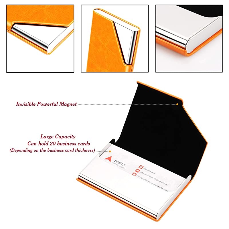 Metal Business Card Holder Leather Business Card Case Slim Pocket Name Card Holder for Women and Men Magnetic Shut Hold Up to 25 Cards Orange SJ