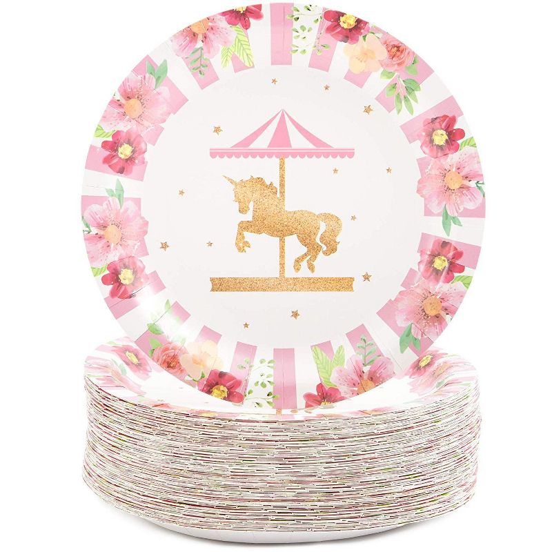 Blue Panda 80 Packs Carousel Unicorn Party Disposable Paper Plates 9 " for Birthday Party