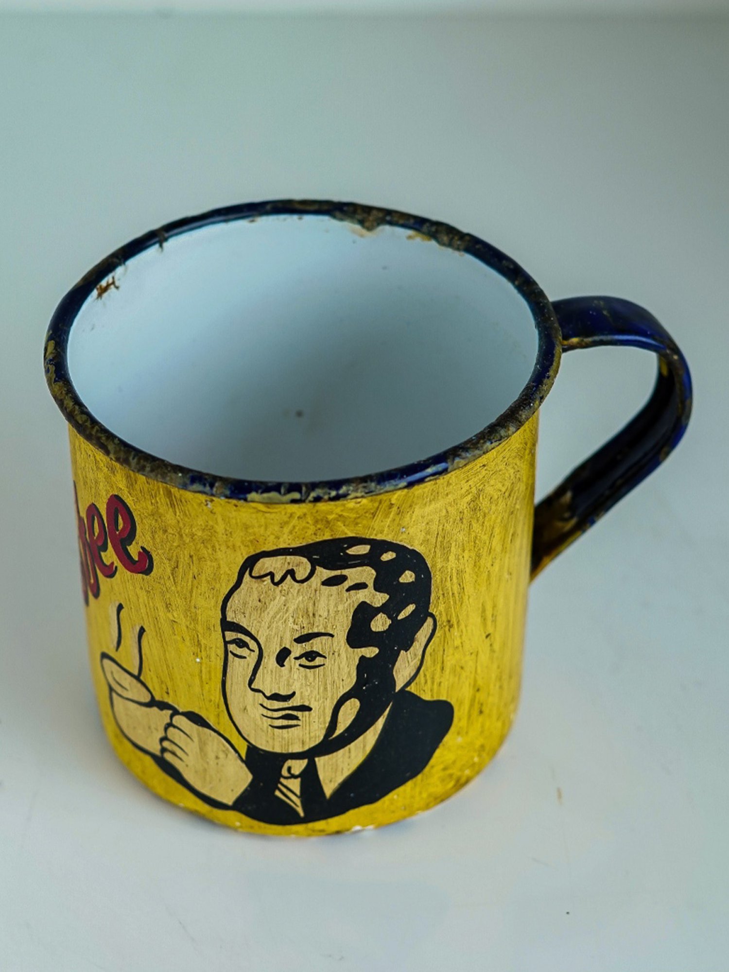 Artisans Rose Hand-painted Blue & Yellow Enamel Vintage Mugs - Set of 2