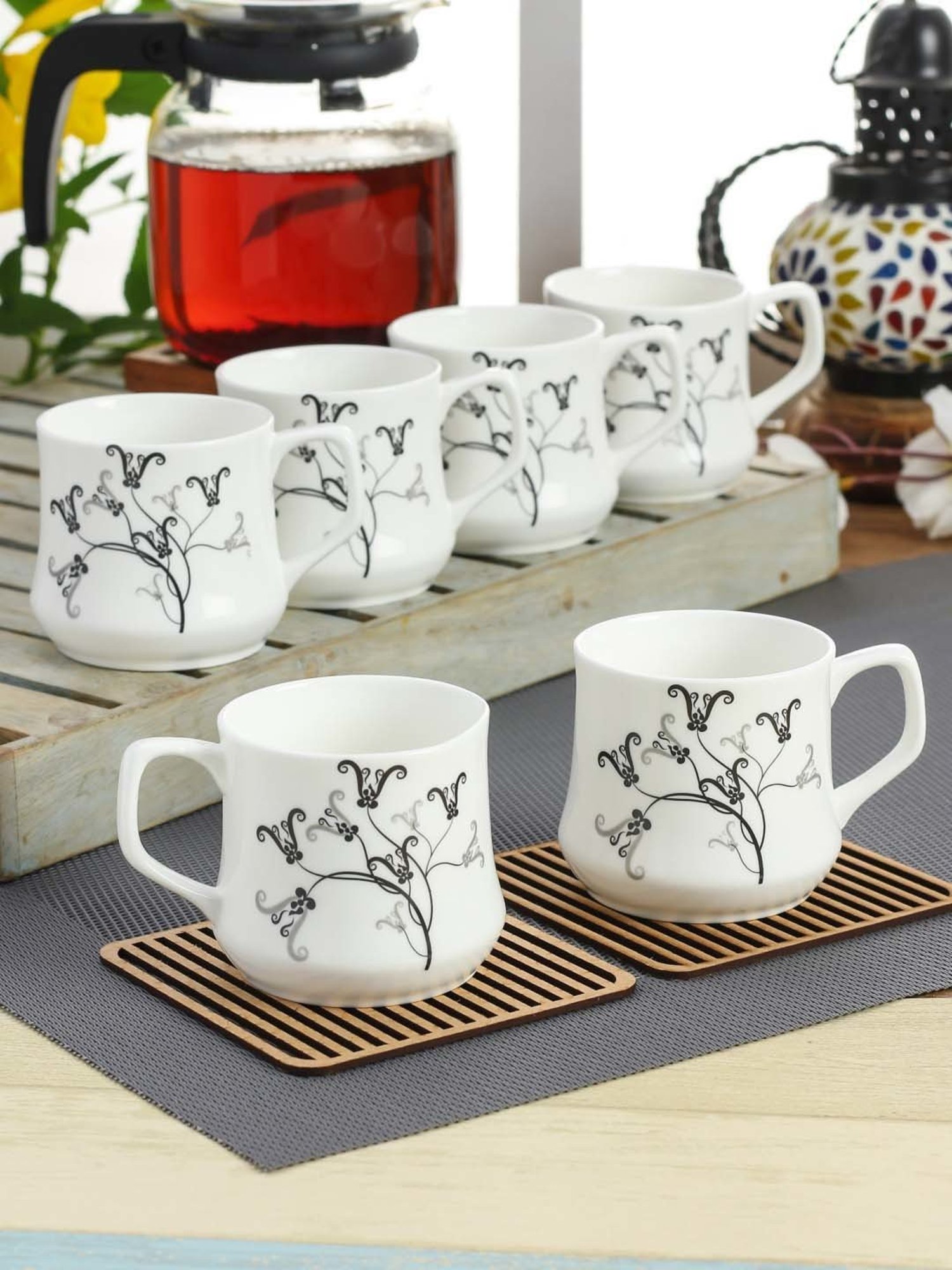 Clay Craft White & Black  Fine Ceramic Coffee & Tea Mugs (170 ml) - Set of 6