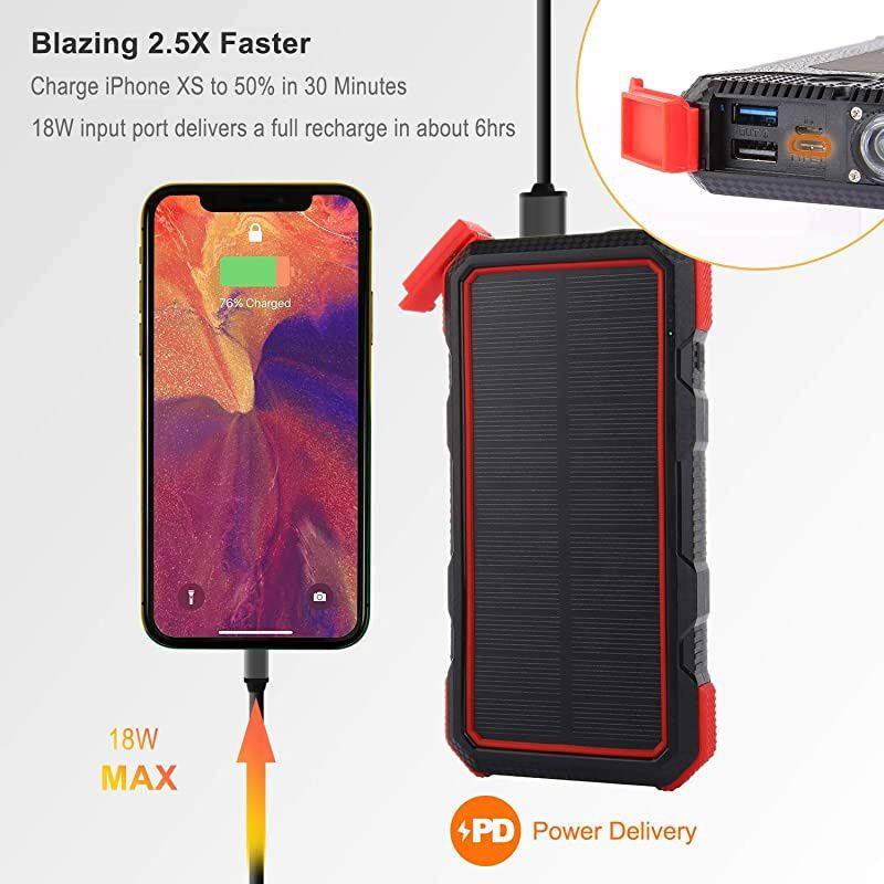 Solar Charger Power Bank 25000mAh with Flashlight  PD 18W Charging 7.5W/10W Wireless Portable Phone Charger 4 Output&2 Input Huge Capacity Backup Battery IP54 Rainproof for Camping Hiking