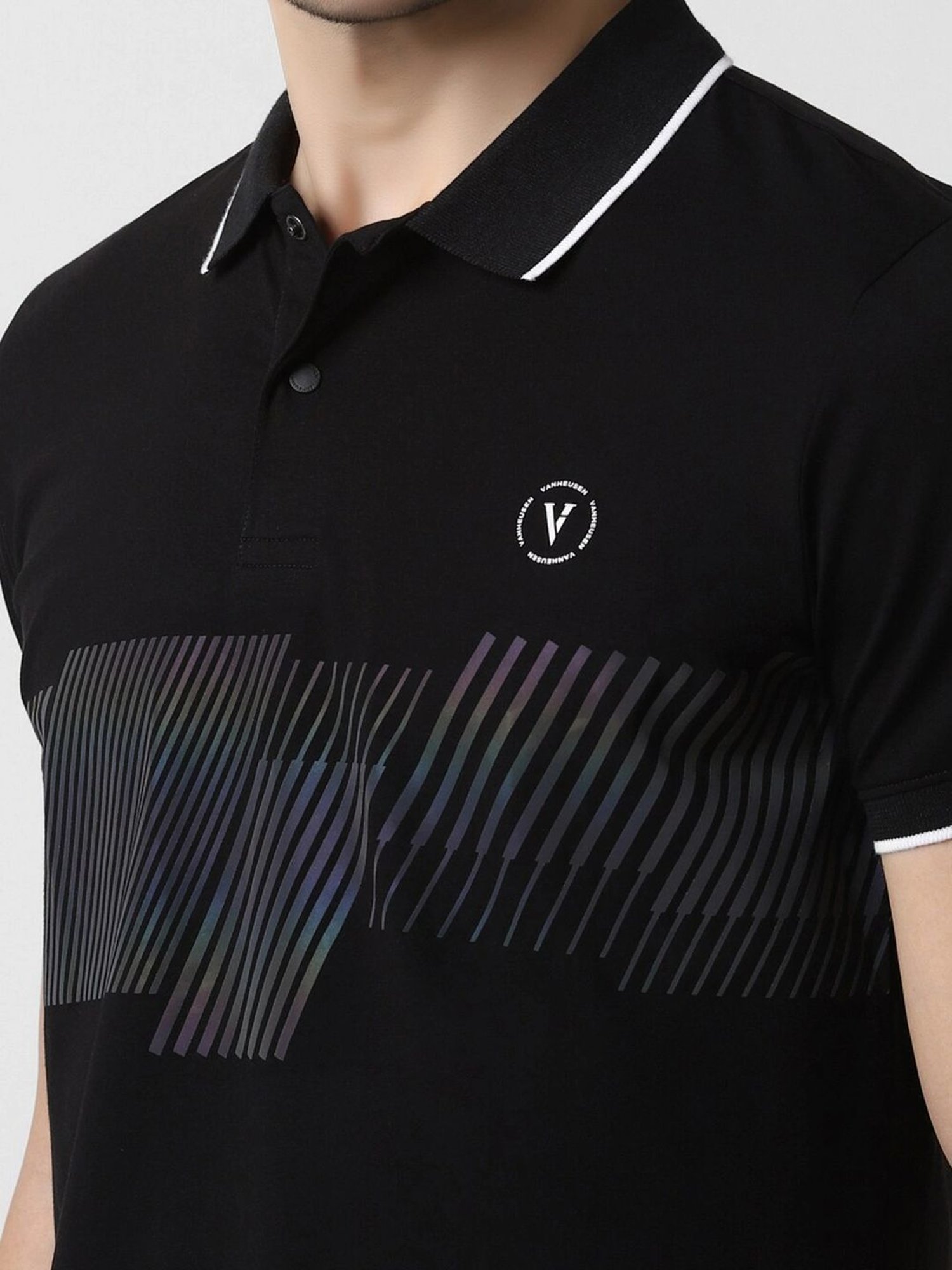 Van Heusen Black Cotton Regular Fit Printed T-Shirt