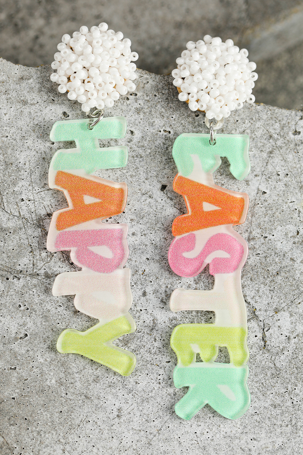 Pink HAPPY EASTER Shape Seed Beaded Detail Drop Earrings