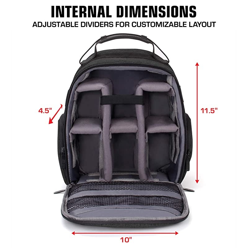 Portable Camera Backpack for DSLR Black with Customizable Accessory Dividers Weather Resistant Bottom and Comfortable Back Support Compatible with Canon Nikon and More