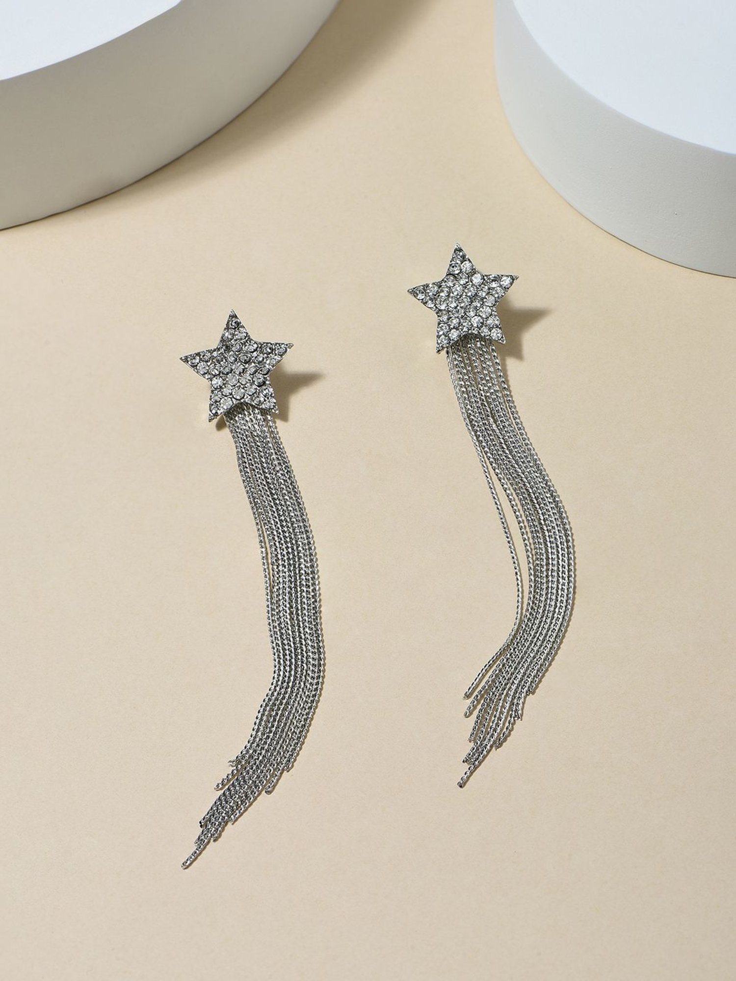 Toniq Long Strands Silver-Plated Star CZ Stone Studded Party Wear Earrings for Women