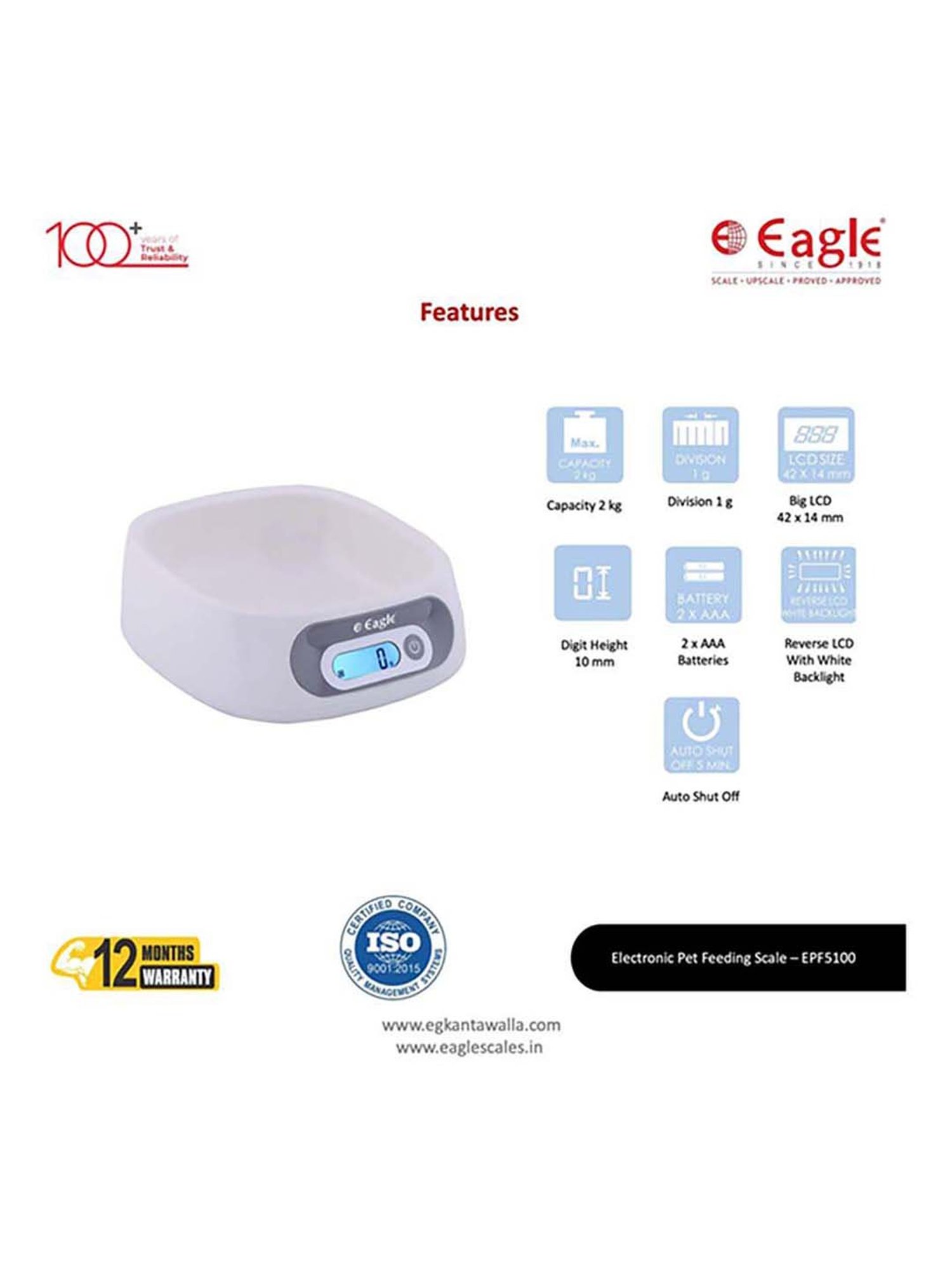 Eagle EPF-5100A Digital Weight Machine for Kitchen 2 kg Capacity,1 g Accuracy,Kitchen Weighing Scale