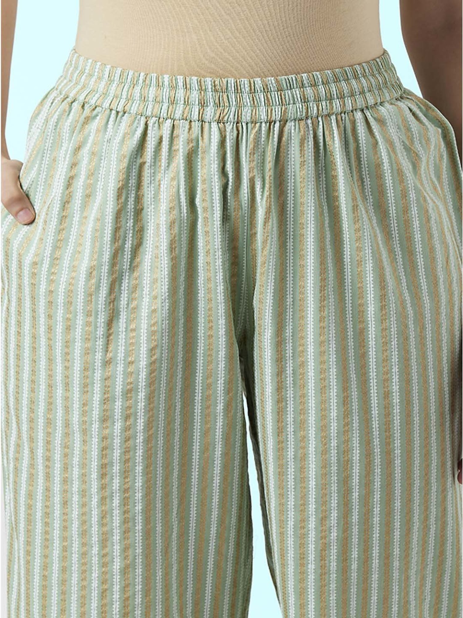 Rangmanch by Pantaloons Peach & Green Cotton Floral Print Kurta Palazzo Set