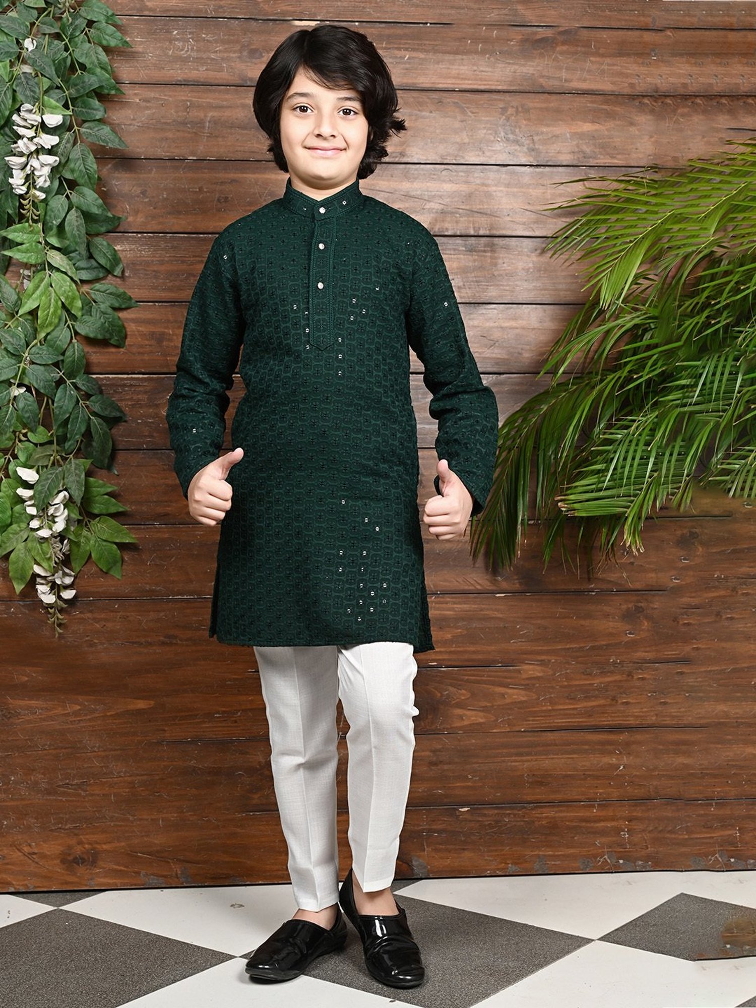 Ahhaaaa Kids Dark Green & White Embellished Full Sleeves Kurta With Pyjamas