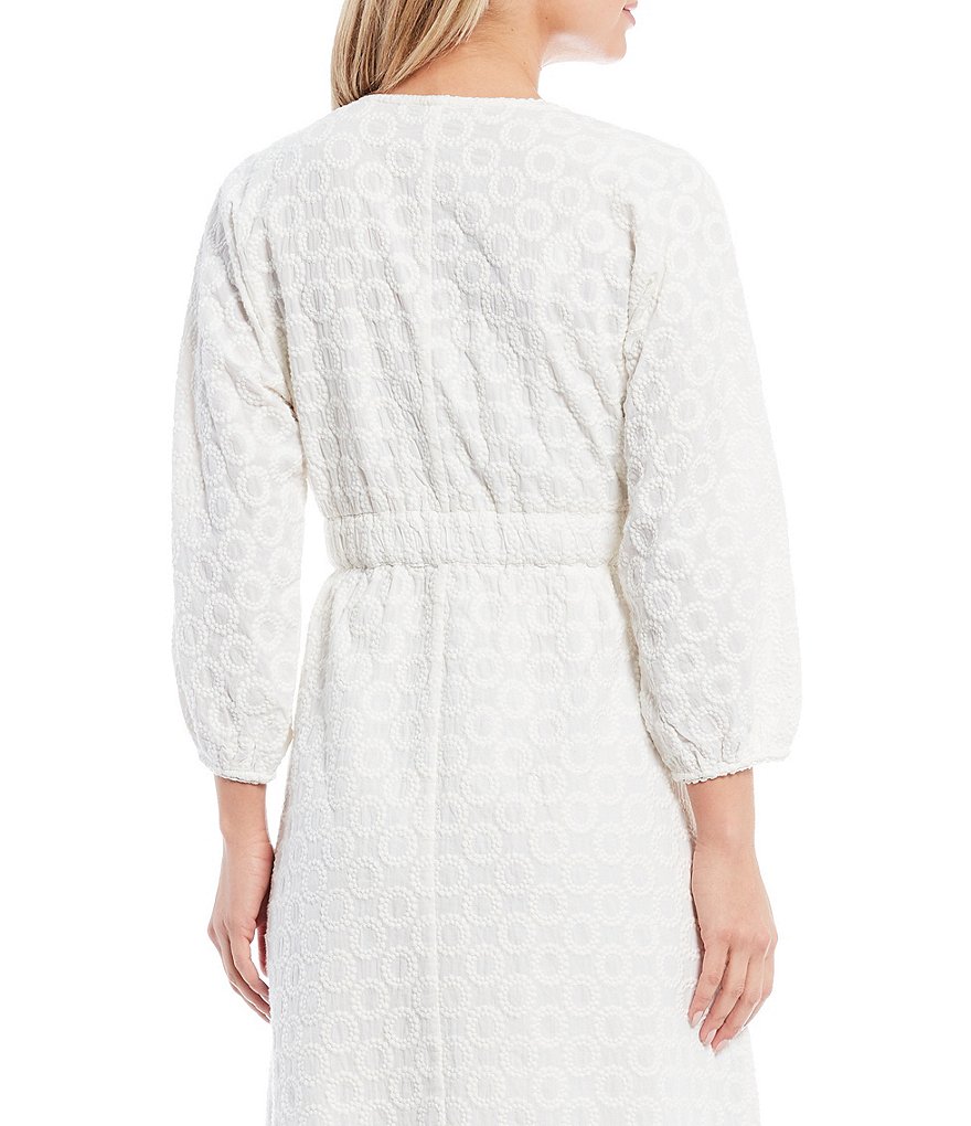 Reba Embroidered V-Neck 3/4 Sleeve Self Tie Button Front Eyelet Dress