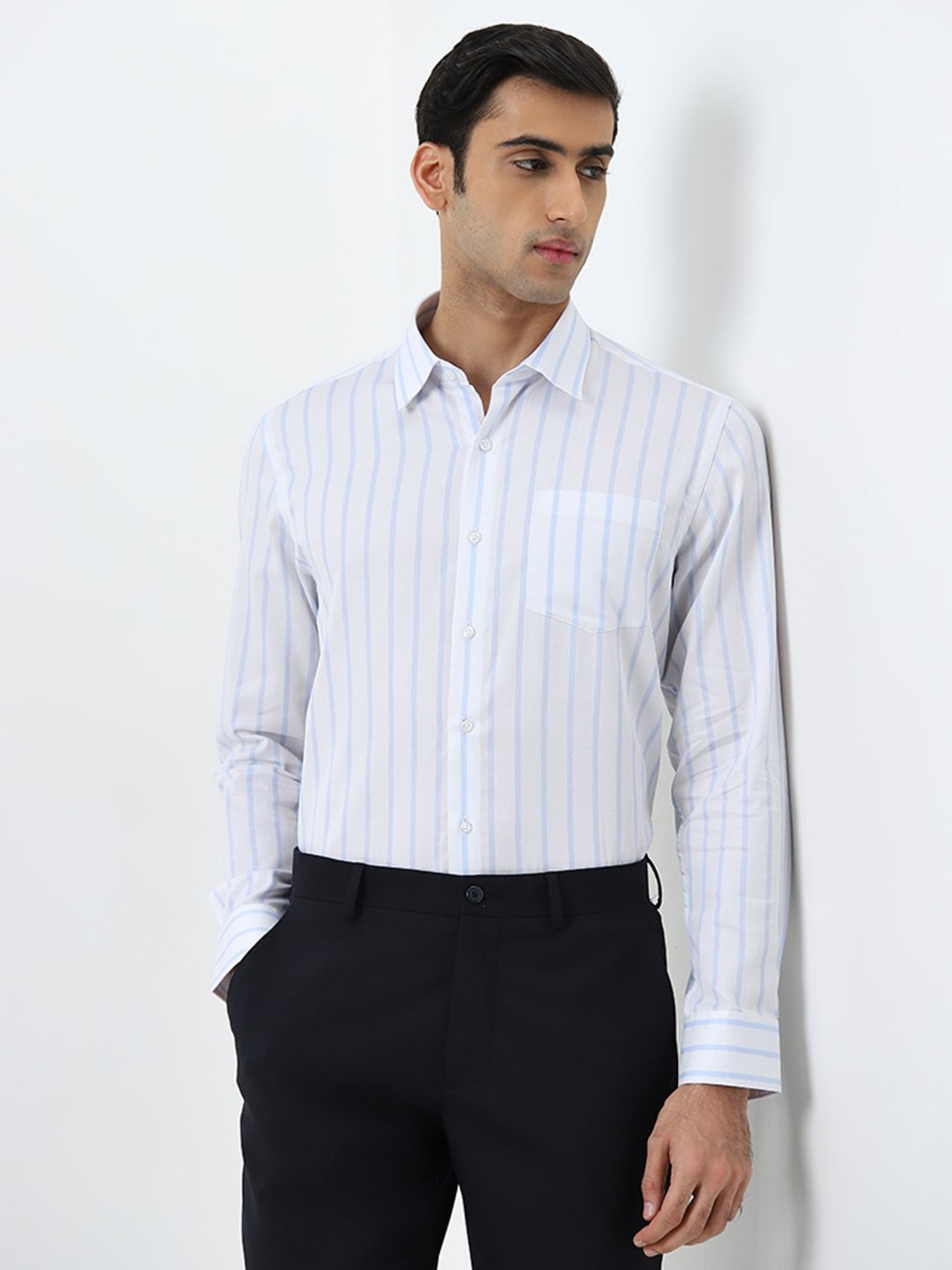 WES Formals by Westside Light Blue Striped Slim-Fit Cotton Shirt