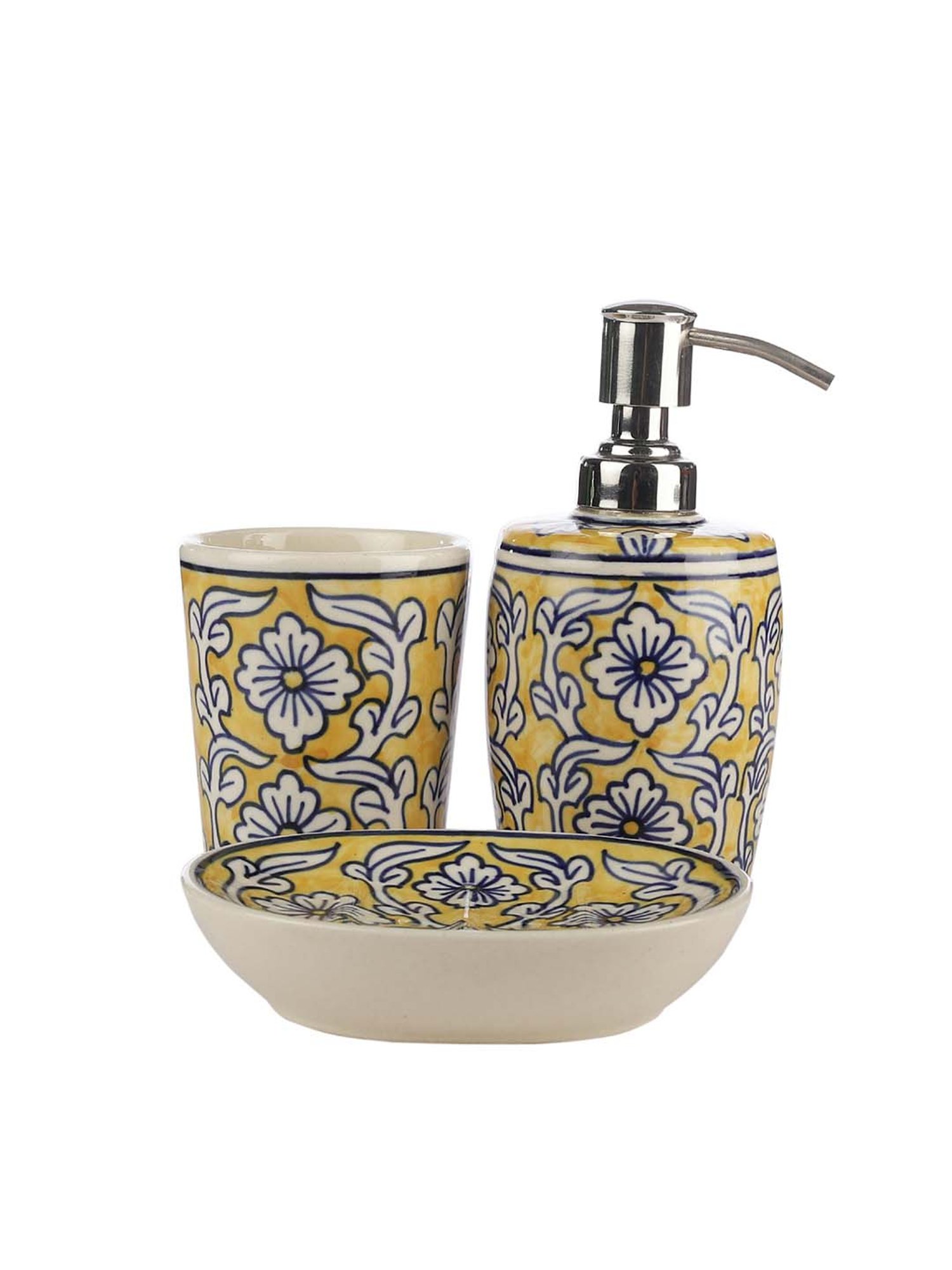 VarEesha Manohar Yellow & White Ceramic Bath Accessories - Set of 3