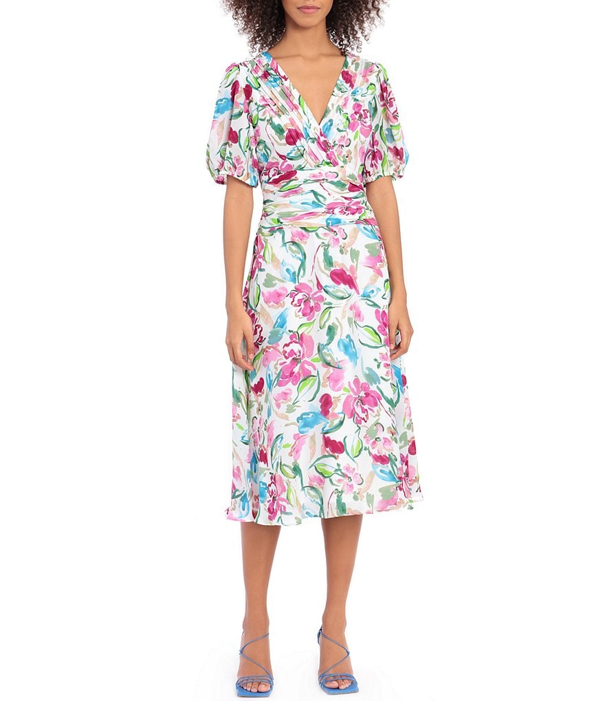 Maggy London Petite Size Floral Print V-Neck Ruched Waist Puffed Sleeve Midi Dress