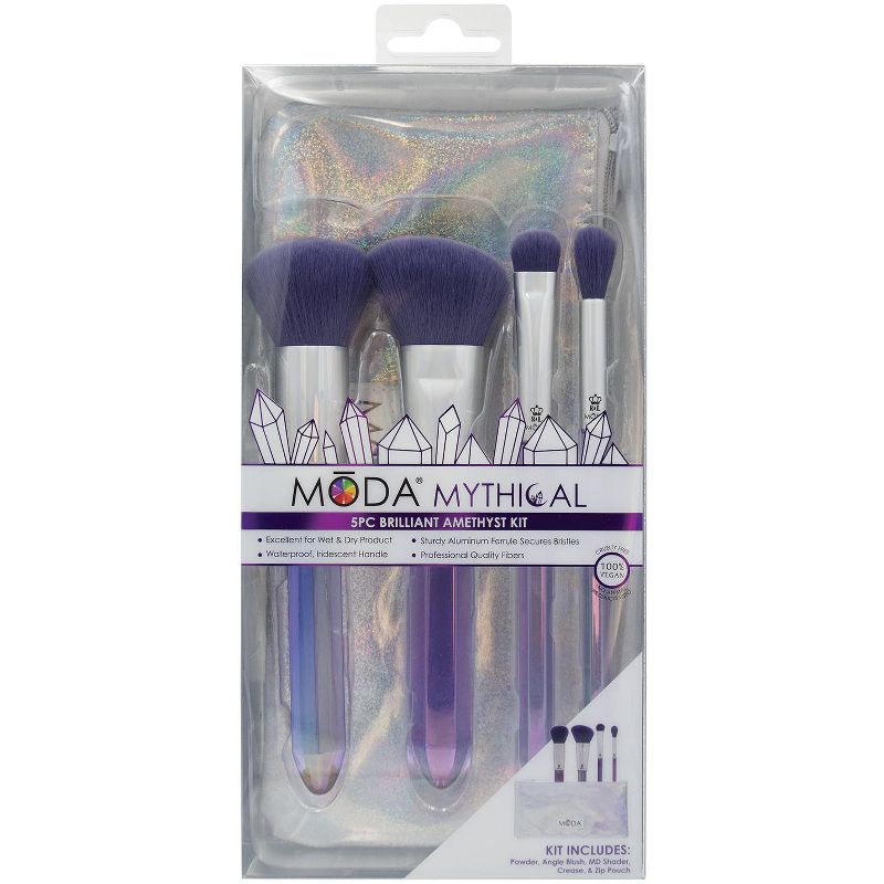 MODA Brush Mythical 5pc Brilliant Amethyst Crystal Makeup Brush Set with Zip Case, Includes - Powder, Angle Blush, MD Shader, and Crease Brushes