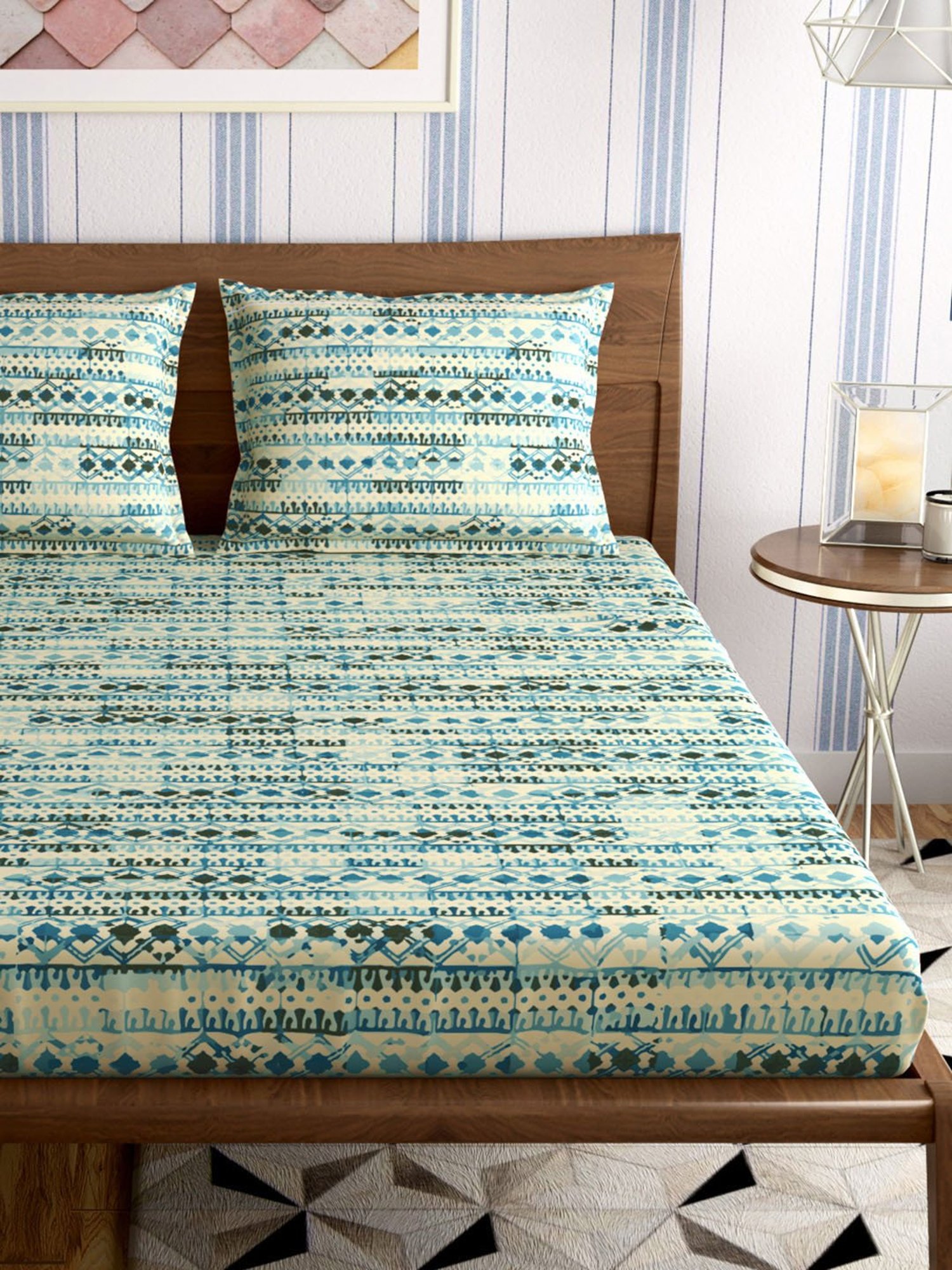 Petal Home Jharokha Abstract Blue 300 TC Cotton Queen Bed Sheet with 2 Pillow Covers