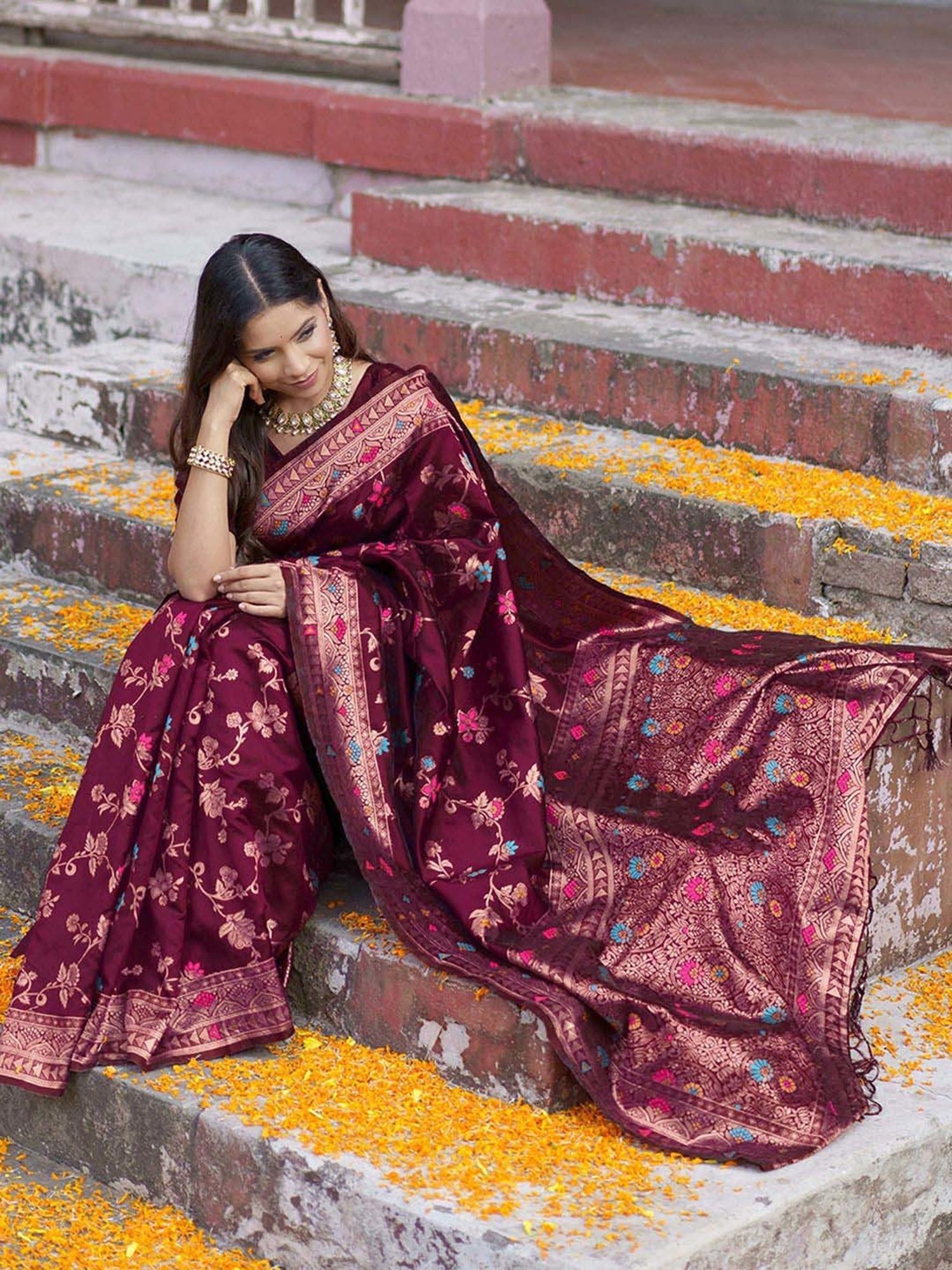Unnati Silks Red Silk Printed Saree With Unstitched Blouse