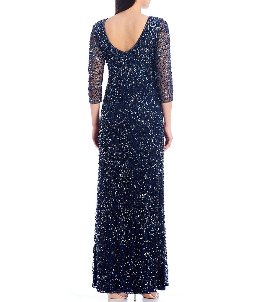 Kay Unger Long Bishop Sleeve V-Neck Crepe A-Line Dress