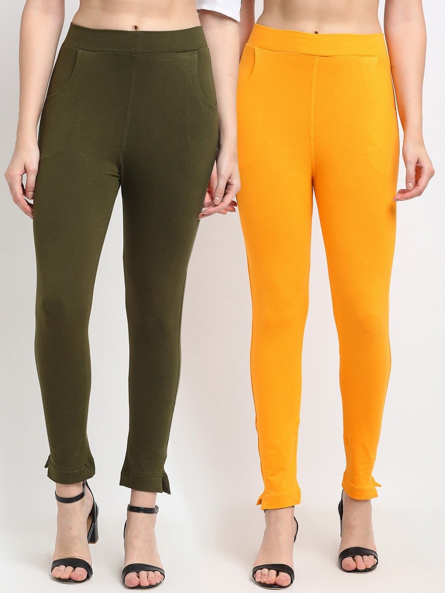 TAG 7 Olive Green & Yellow Cotton Pants - Pack Of 2