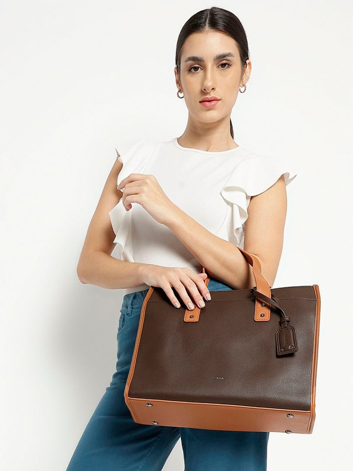 Tyra Emily Brown Solid Faux Leather Tote Handbag