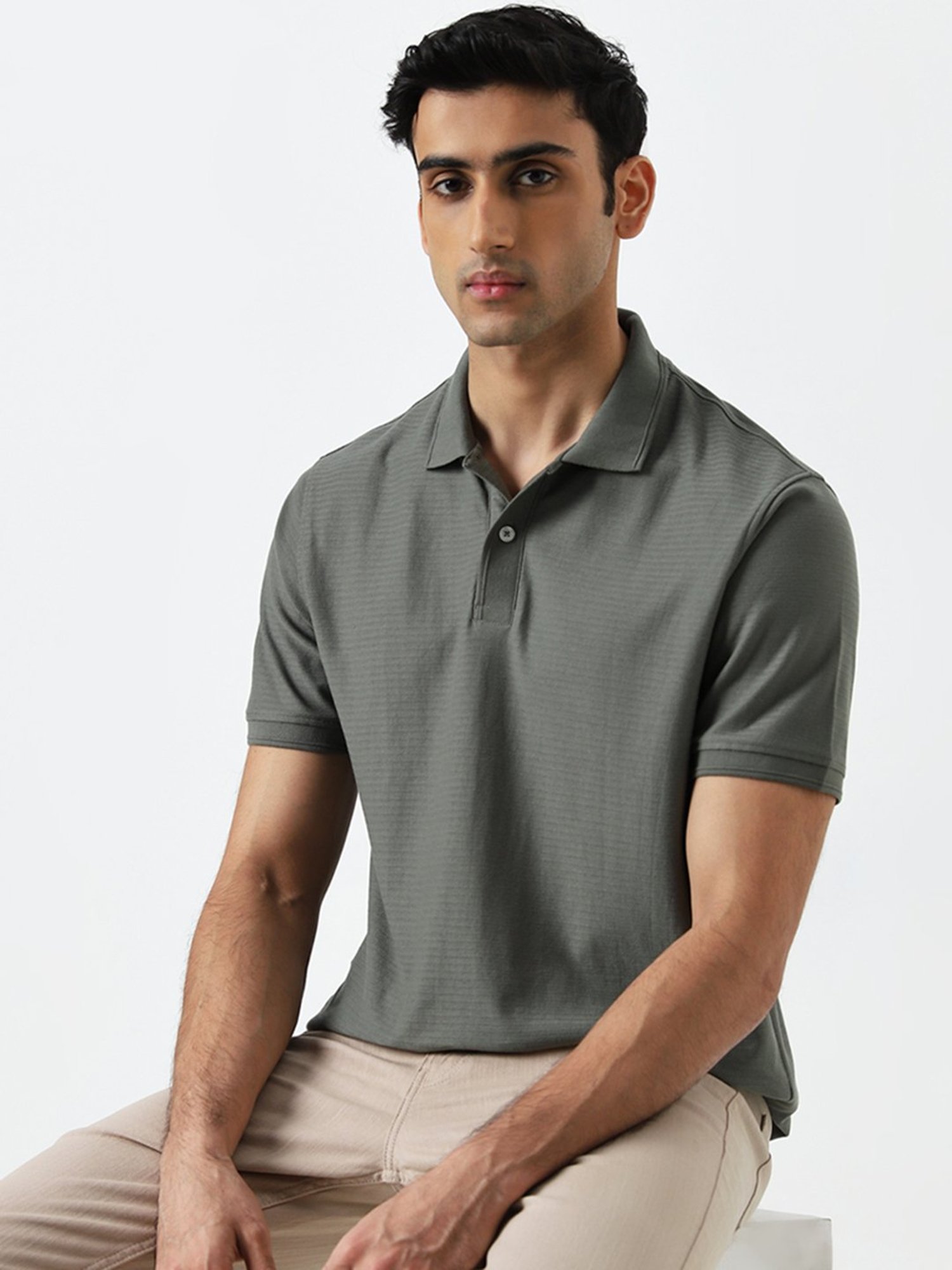 WES Casuals by Westside Olive Textured Pattern Relaxed-Fit Polo T-Shirt