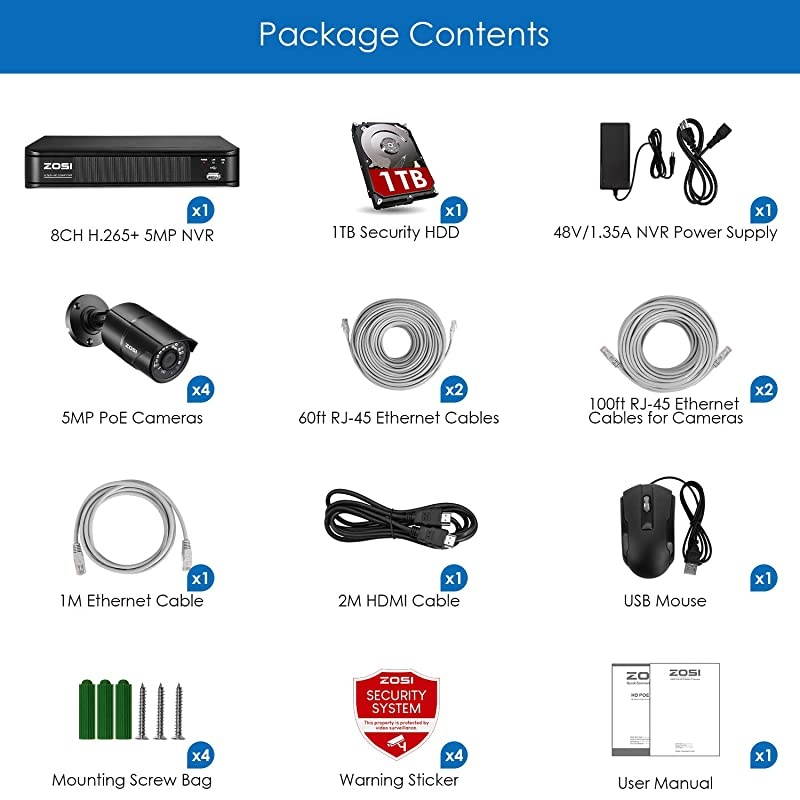 H.265+ 5MP PoE Home Security Camera System, Ultra HD PoE NVR 8 Channel with 1TB HDD for 24/7 Recording, 4X 5MP Weatherproof IP PoE Cameras Outdoor Indoor,120ft Night Vision, Remote Access