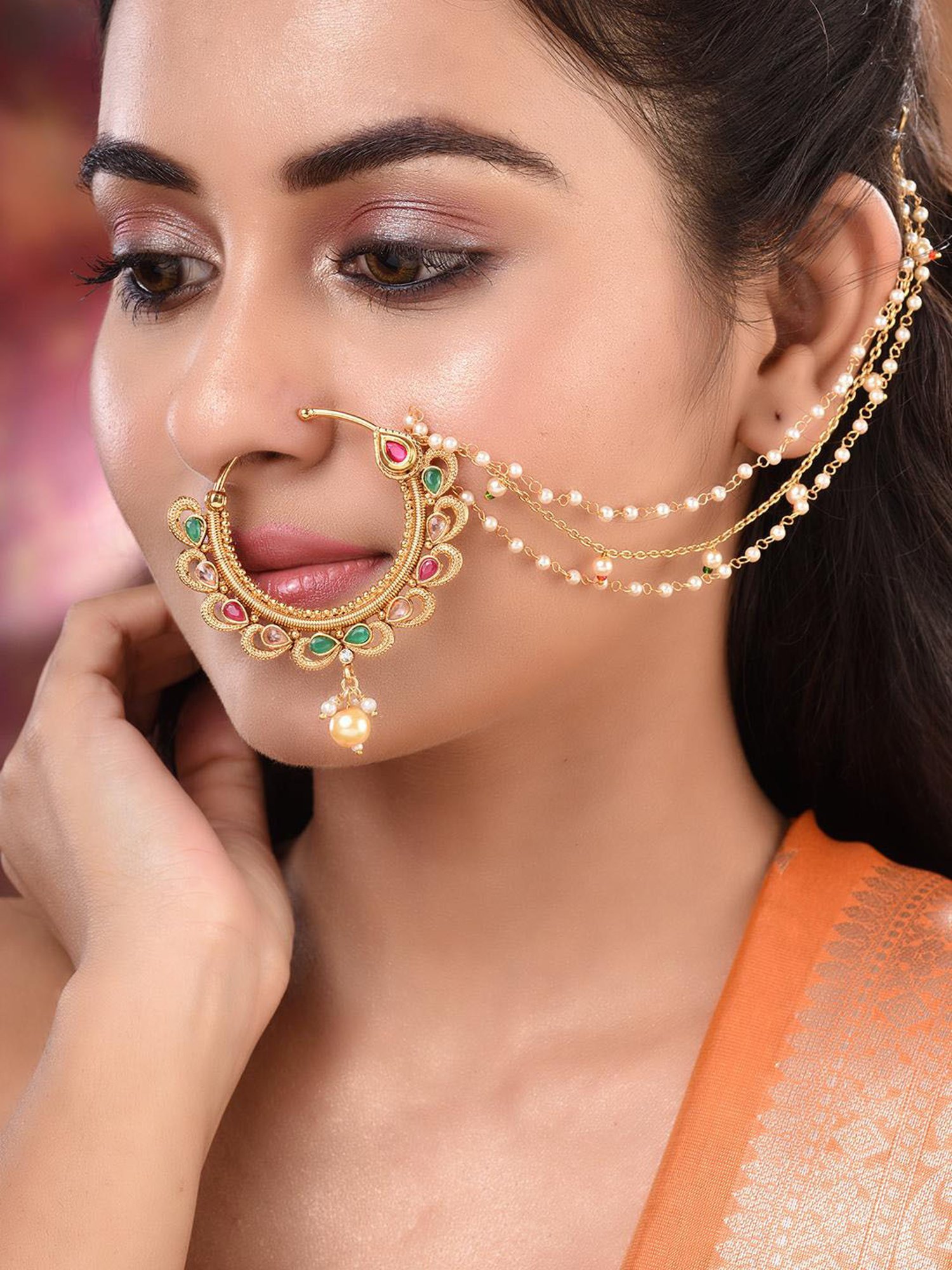 Saraf Rs Jewellery Gold Toned Pearl Beaded & Kundan Studded Jodha Nose Ring With Chain
