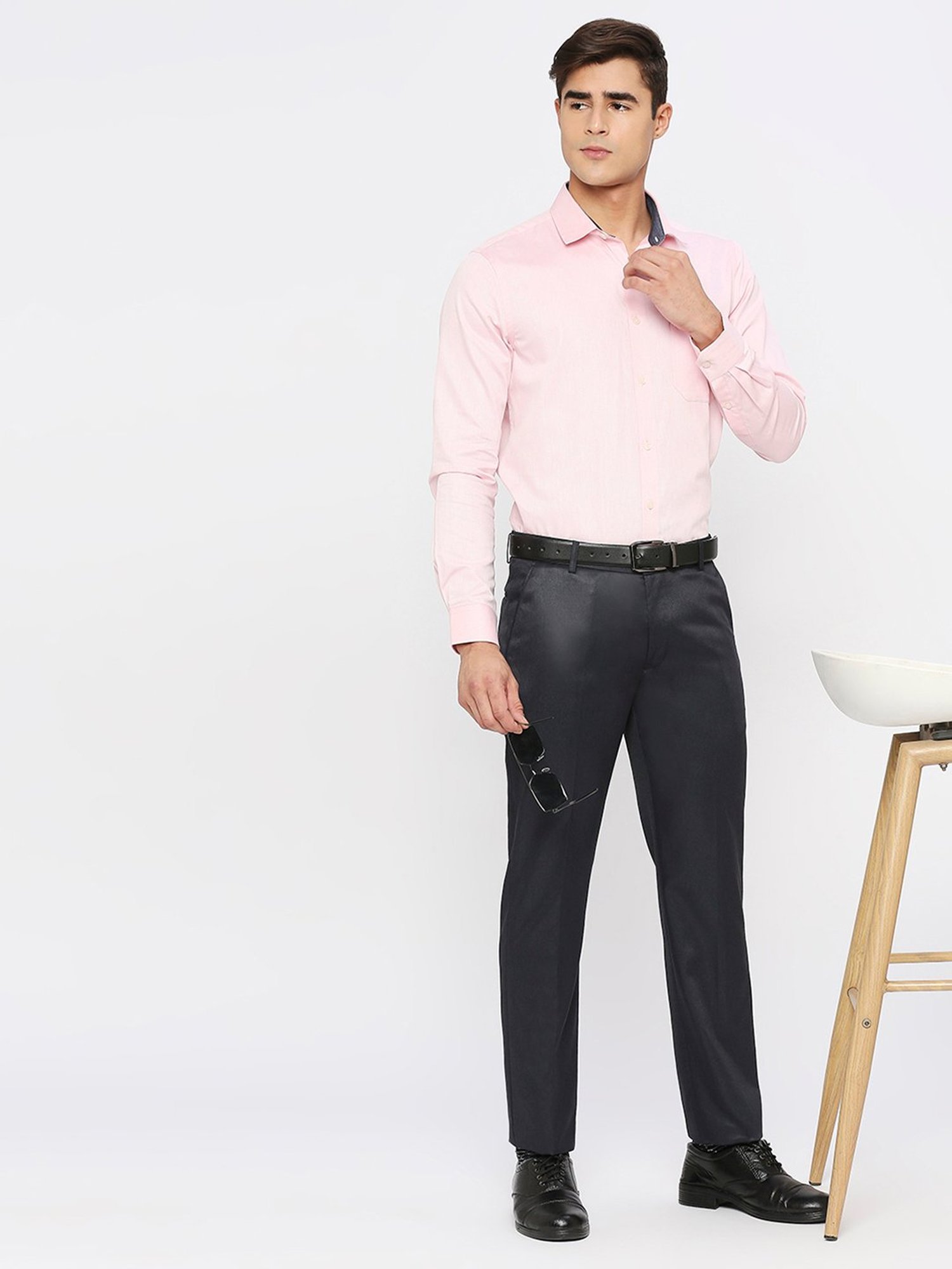 SOLEMIO Navy Slim Fit Flat Front Trousers