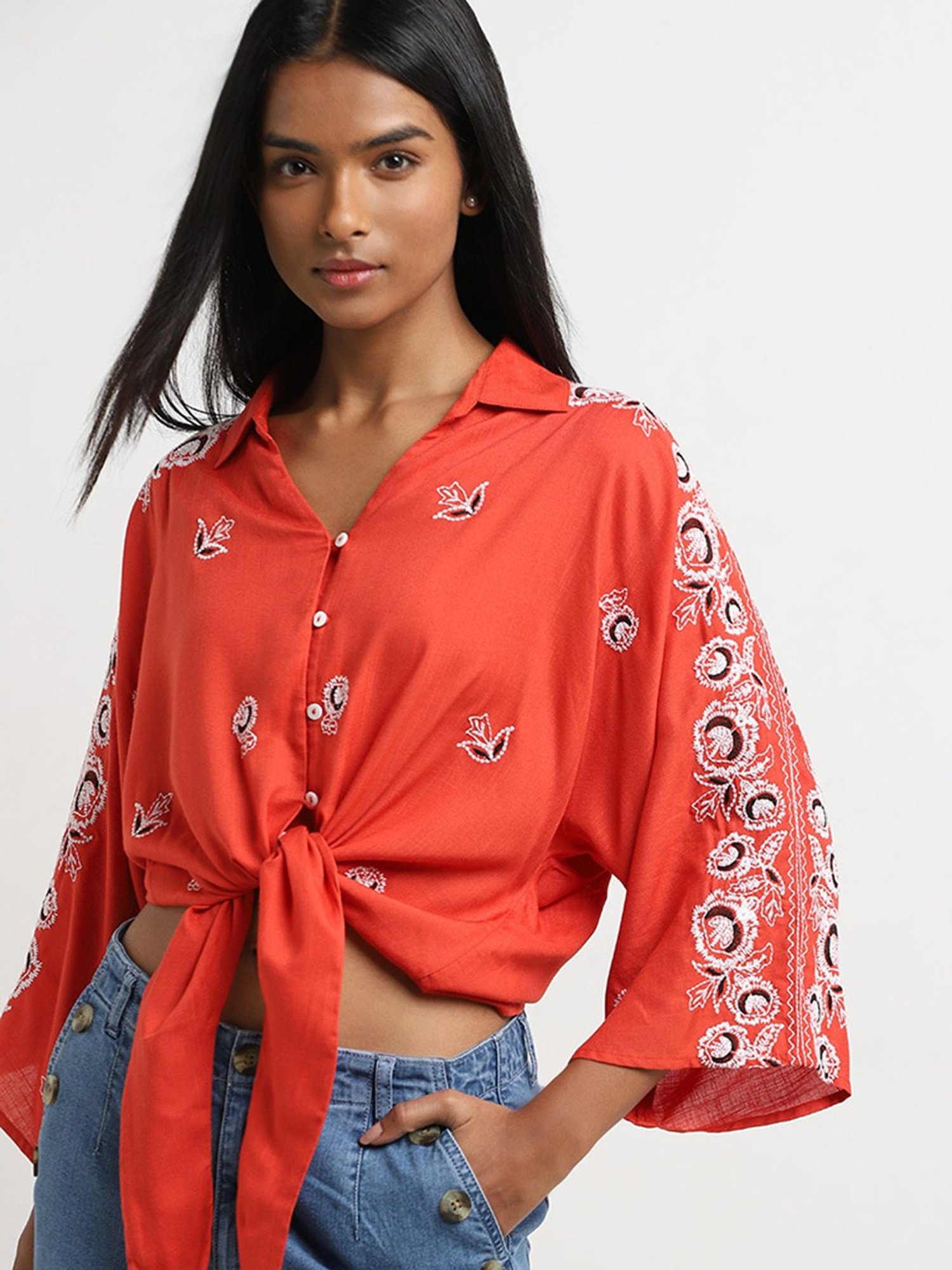 LOV by Westside Dark Orange Floral Embroidered Tie-Up Top