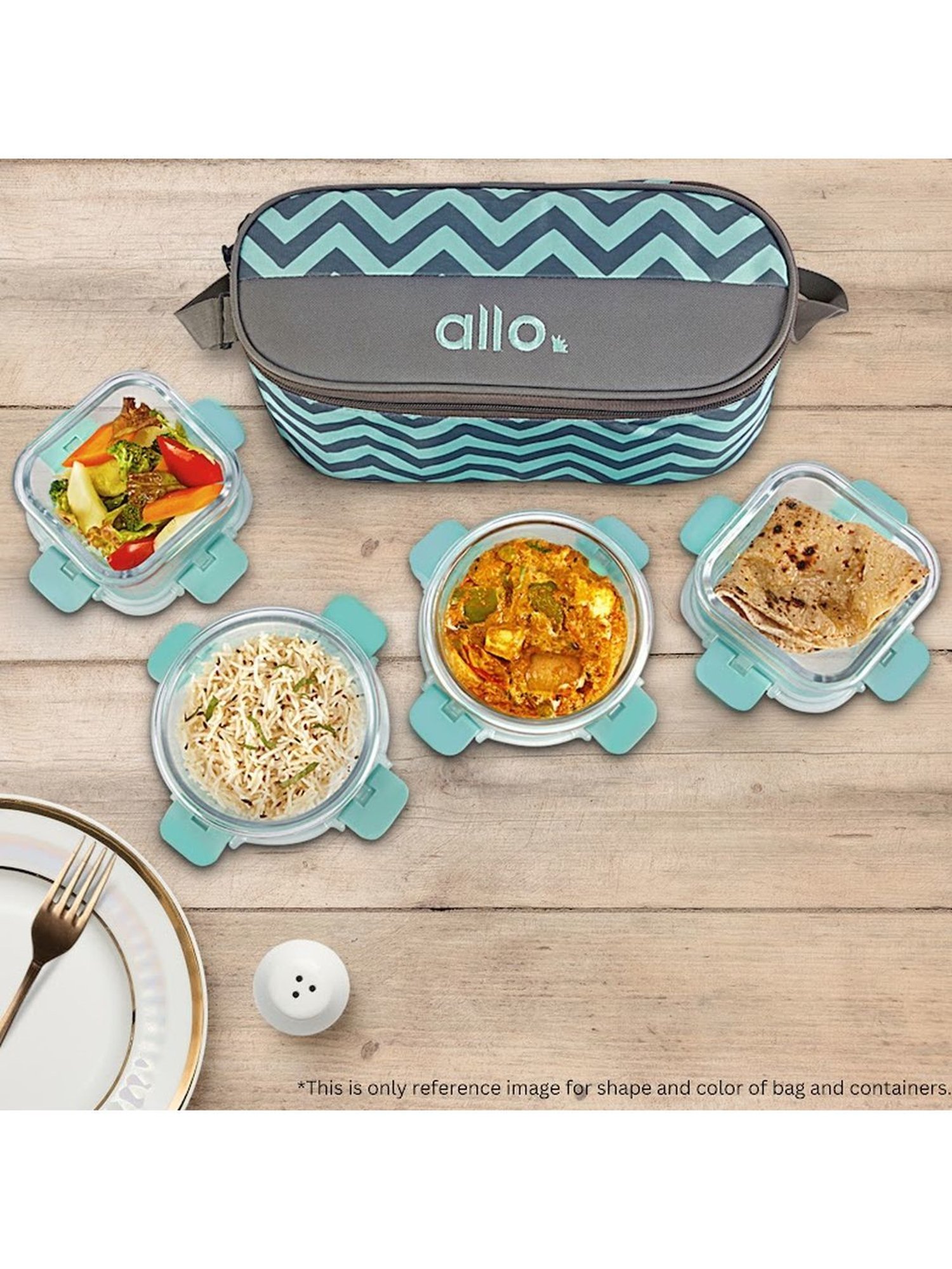 Borosilicate Glass Lunch Box Microwave Oven Safe with Detachable Lock and Chevron Mint Tiffin Bag