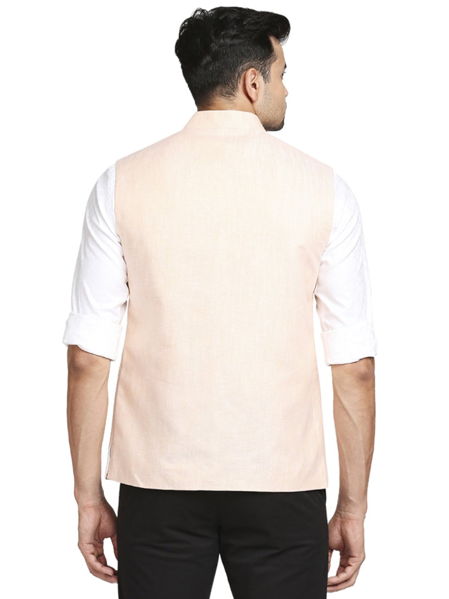 Colorplus Light Orange Tailored Fit Self Pattern Nehru Jacket
