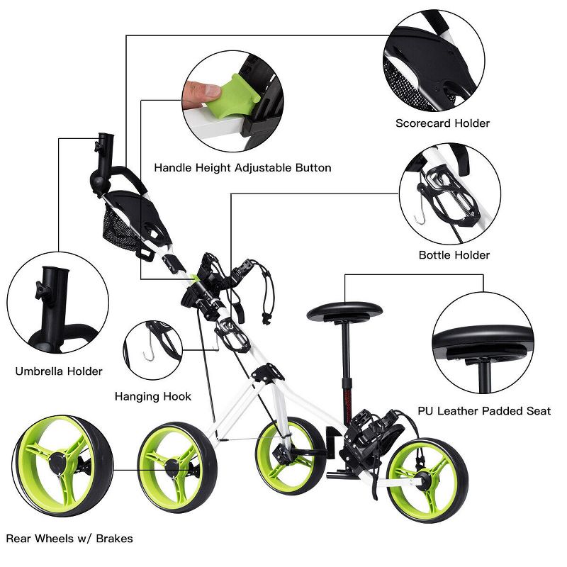 Costway Foldable 3 Wheel Push Pull Golf Club Cart Trolley w/Seat Scoreboard Bag Swivel