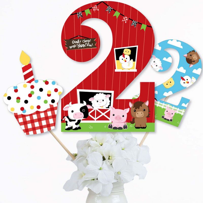 Big Dot of Happiness 2nd Birthday Farm Animals - Barnyard Second Birthday Party Centerpiece Sticks - Table Toppers - Set of 15