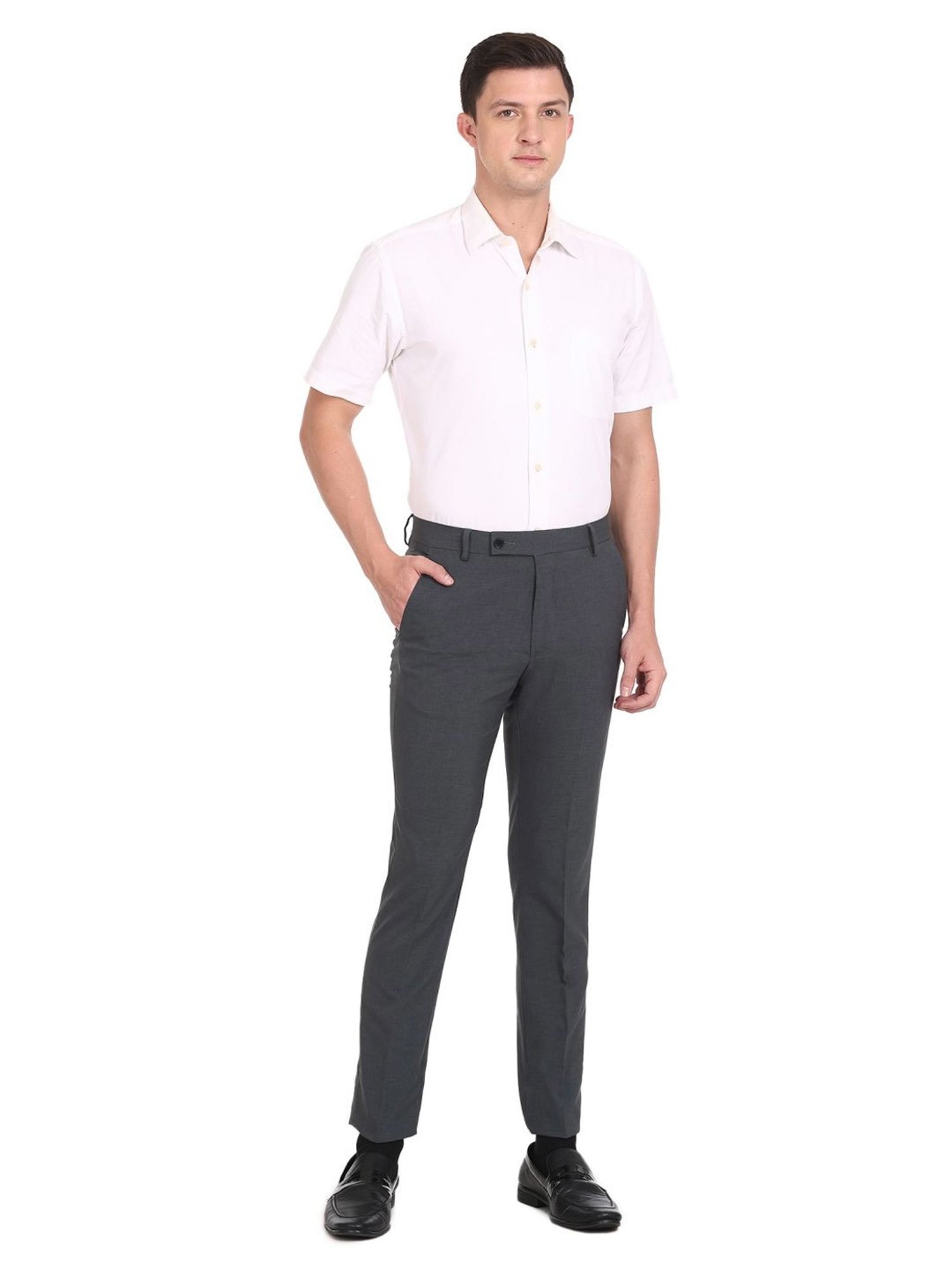 Arrow Grey Slim Fit Self Pattern Trousers
