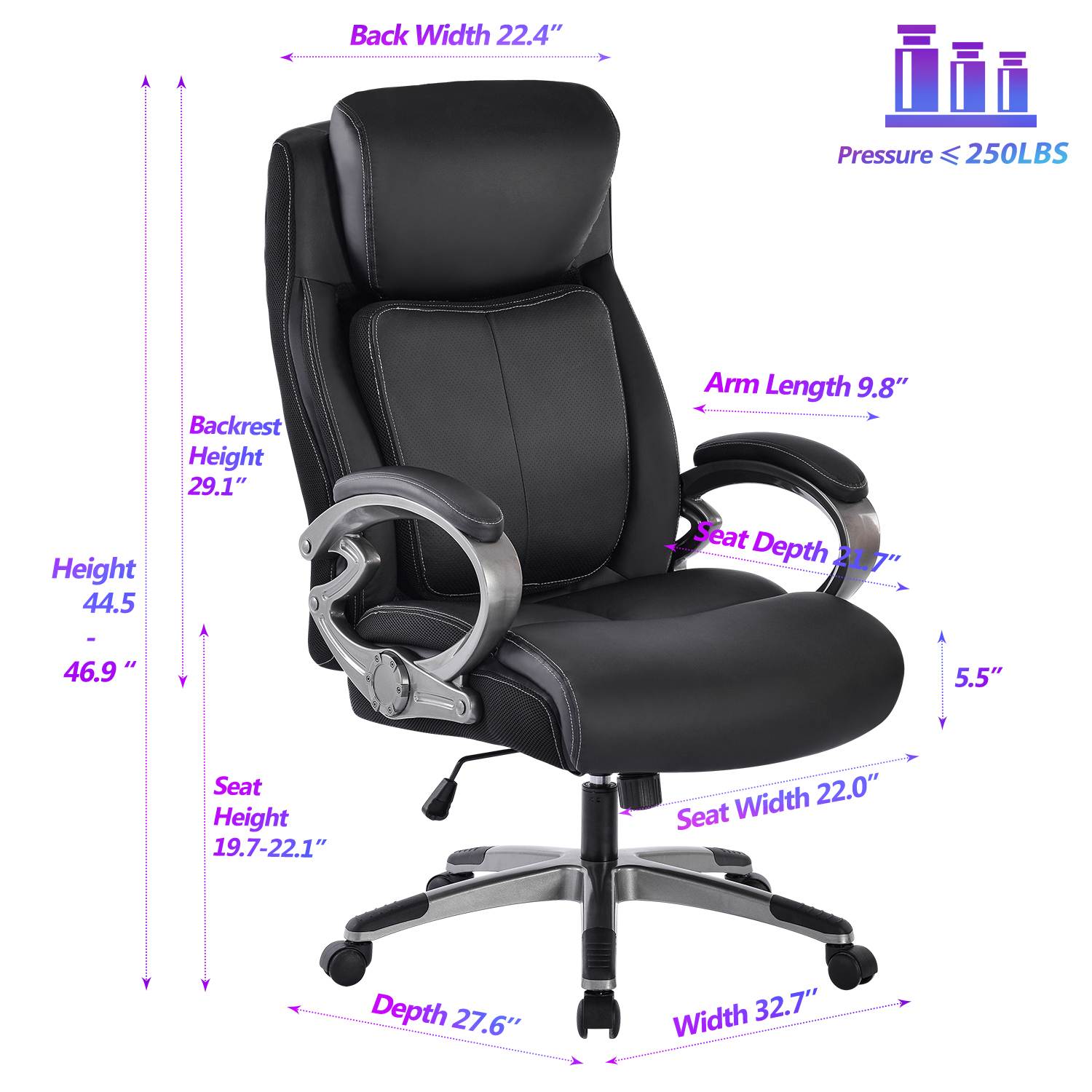 REFICCER High-Back Office Chair, Adjustable Spring Lumbar Support Tilt Tension Bonded Leather Ergonomic Executive Computer Swivel Desk Task Chair, Black