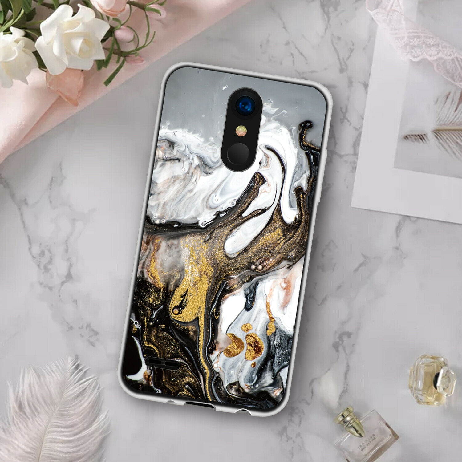 For LG Rebel Phoenix 4 Aristo 2/3 Plus Case Marble Glitter TPU +Tempered Glass