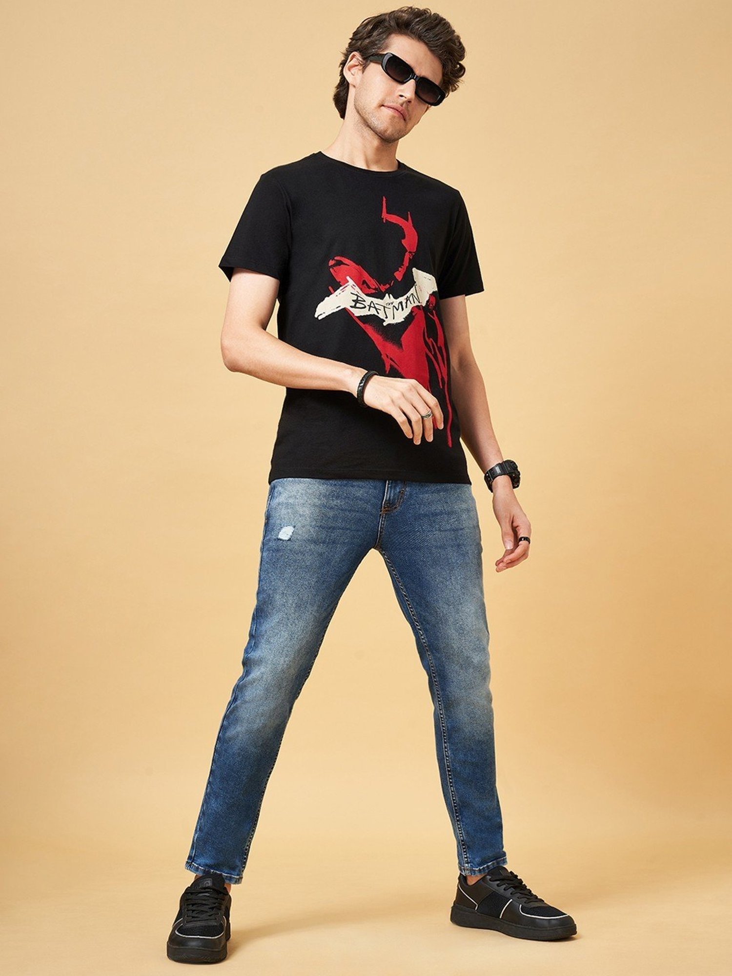 SF Jeans by Pantaloons Jet Black Cotton Regular Fit Printed T-Shirt