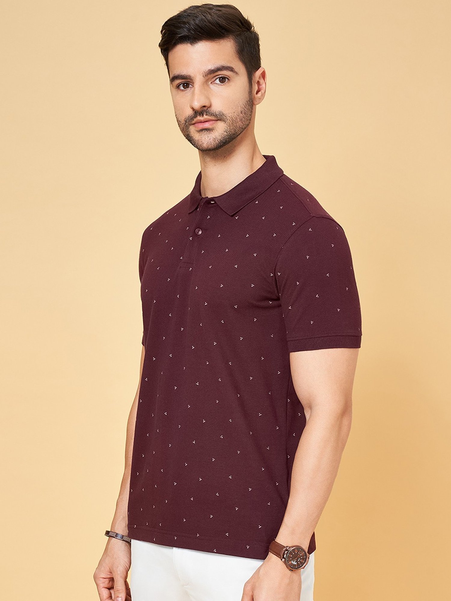 Byford by Pantaloons Wine Slim Fit Printed Polo T-Shirt