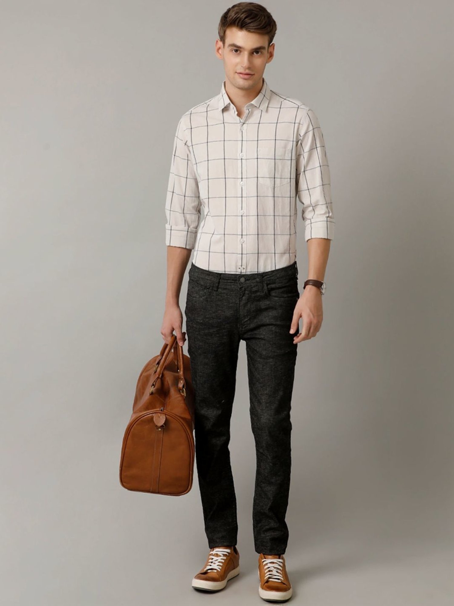 Cavallo By Linen Club Natural Linen Contemporary Fit Checks Shirt