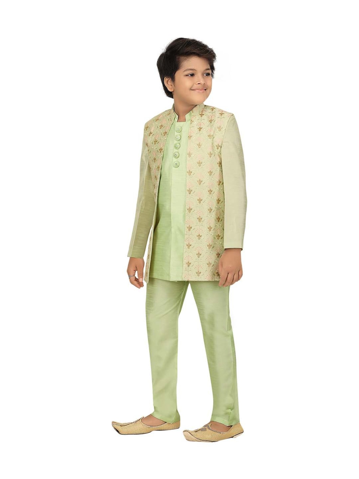 VASTRAMAY Boys Turquoise Floral Full Sleeves Indowestern