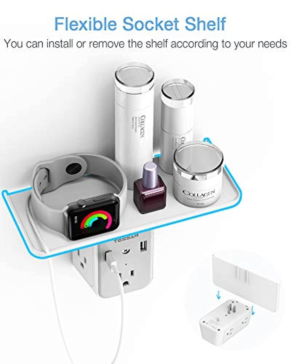 Multi Plug Outlet Extender with Shelf, TESSAN USB Wall Charger with 6 Electrical Socket, Multiple Outlet Expander Surge Protector, Wall Mount Outlet Splitter for Home Dorm Essentials (TS-WM06-GR-US-1)