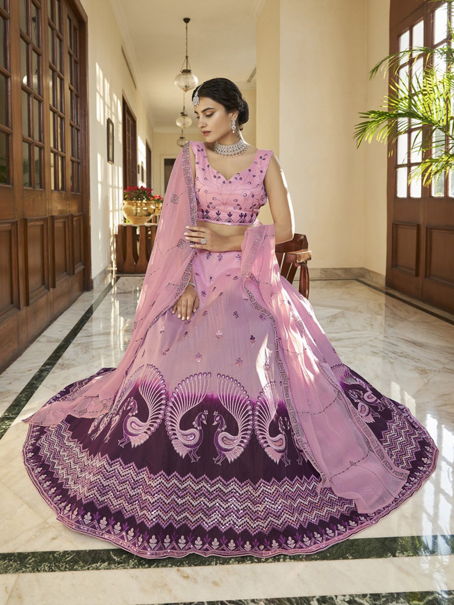 SHUBHKALA Pink & Purple Silk Embroidered Lehenga and Choli Set With Dupatta