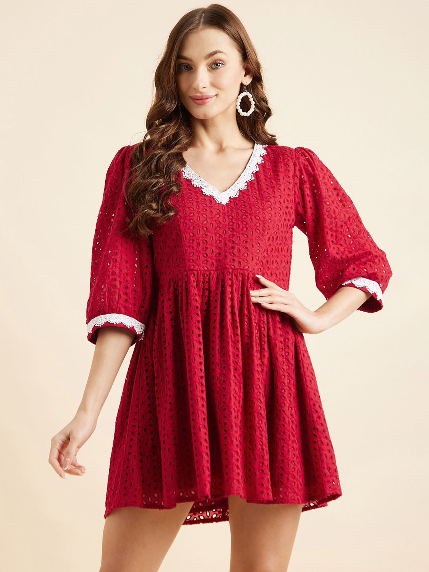 PANIT Maroon Cotton Embroidered Ethnic Dress