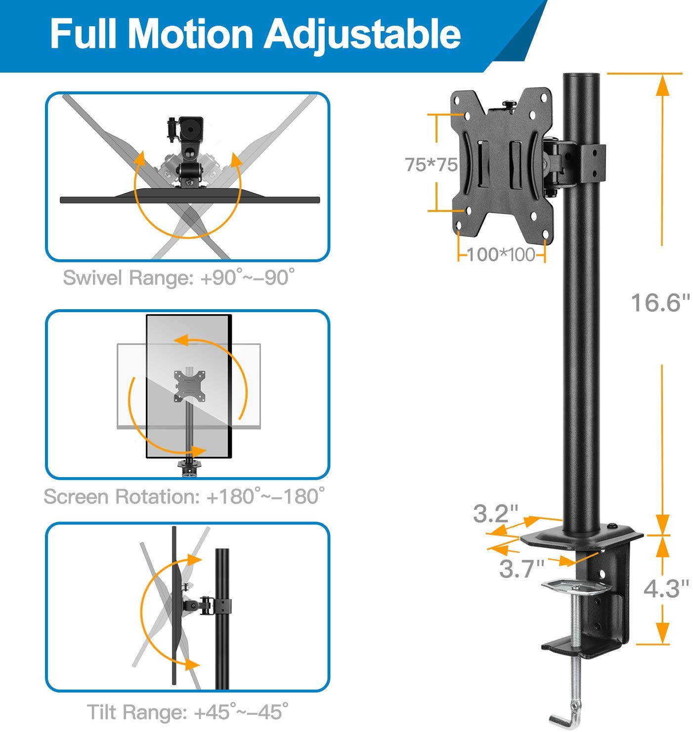 HUANUO Single Monitor Mount, LCD Computer Monitor Stand for13 inch to 32 inch Screen, Adjustable Height, Tilt, Swivel, Rotation, Weight up to 17.6lbs