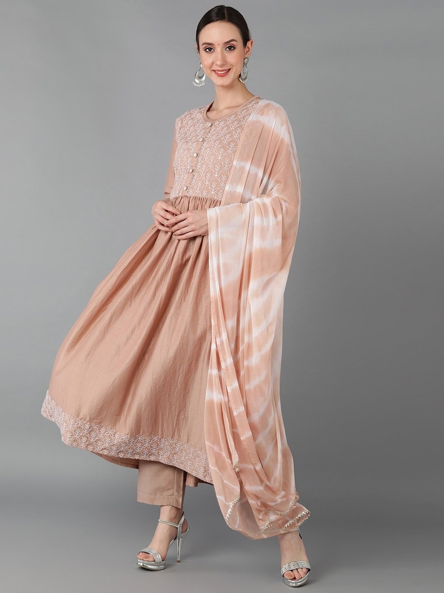 Vaamsi Beige Embroidered Kurta Pant Set With Dupatta