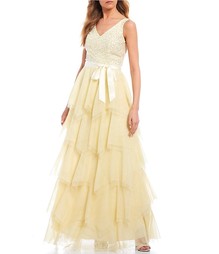 Teeze Me Spaghetti Strap V-Neck Sequin-Embellished Tiered Mesh Skirt Ball Gown