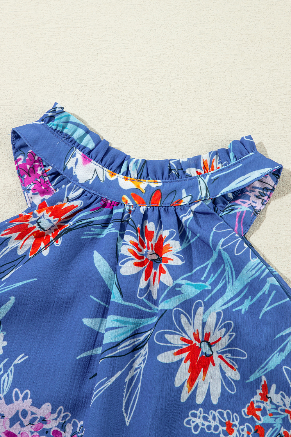 White Spotted Print Tie Neck Color Block Halter Sleeveless Shirt