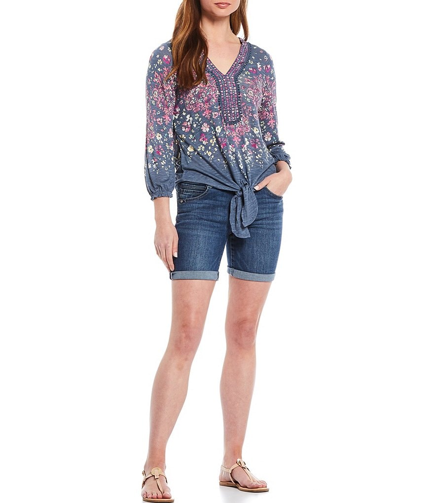 Democracy Floral Placement Print V-Neck Blouson Sleeve Tie-Front Hem Top